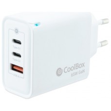 CARGADOR PARED/VIAJE 3.0 GaN 2xUSB-C/PD + USB-A 65W BLANCO COOLBOX