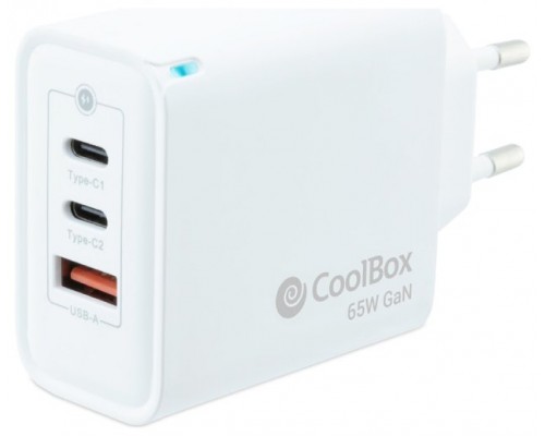 CARGADOR PARED/VIAJE 3.0 GaN 2xUSB-C/PD + USB-A 65W BLANCO COOLBOX