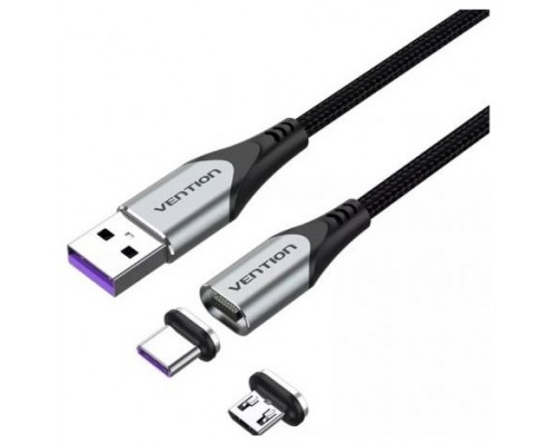 CABLE USB-A MAGNETICO CON ADAPTADOR MICROUSB/M USB-C/M 1.5 M GRIS VENTION