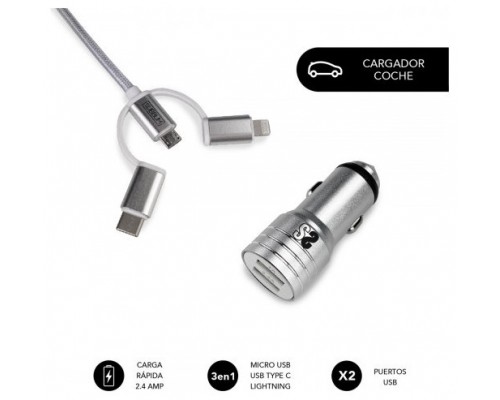 CARGADOR USB COCHE 2xUSB (2.4A) + CABLE 3EN1 PLATA SUBBLIM