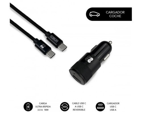 CARGADOR ULTRA RAPIDO USB COCHE 2xUSB (2.4A) + CABLE TYPE-C NEGRO SUBBLIM